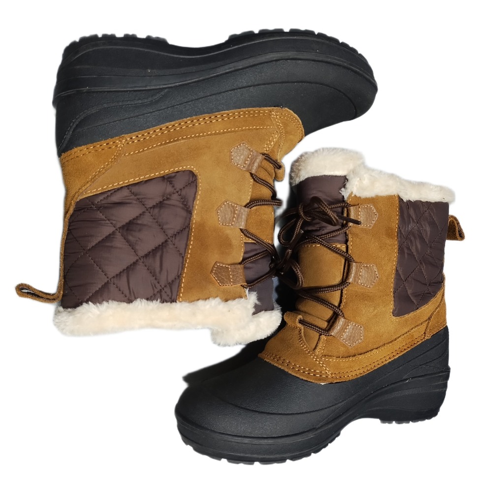 Lands' End Winter Boots Womens US 9B Brown Black Quilted Faux Fur Lined Lace Up